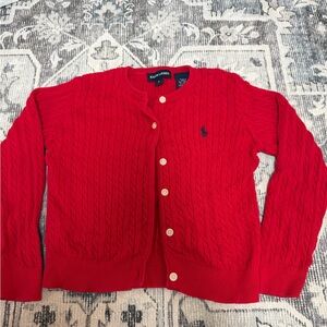 Ralph Lauren Red Cable-Knit Cardigan with Navy Pony Embroidery